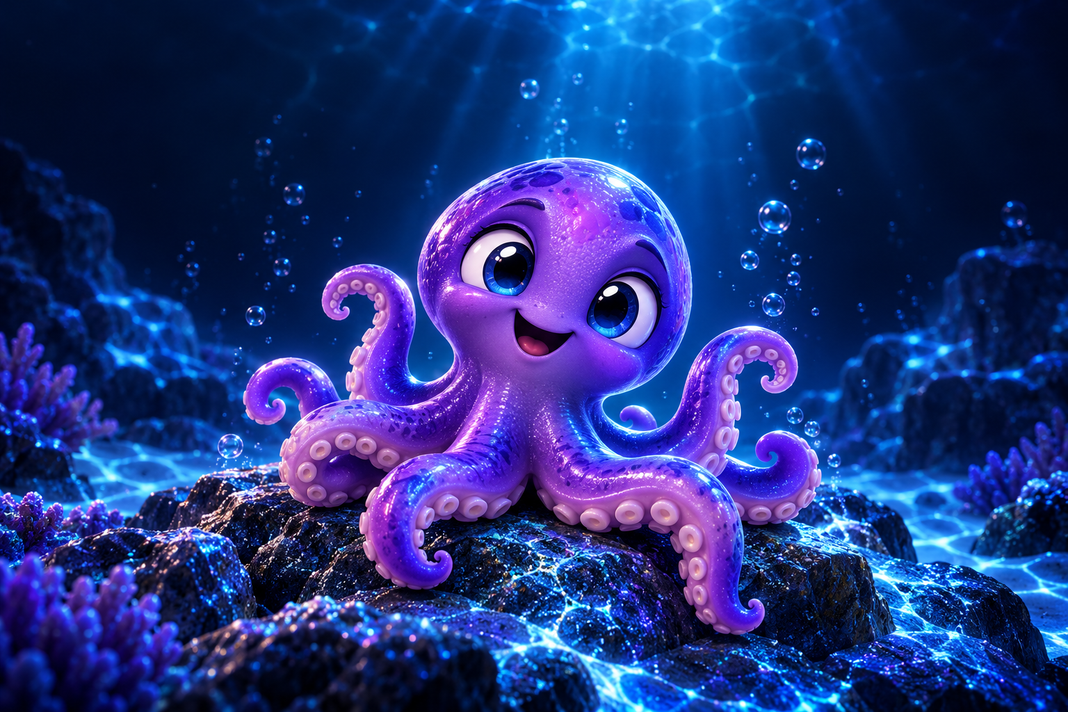 A playful purple octopus in an underwater world